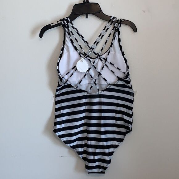 Cross1946 | Women’s Black White Striped One Piece Monokini Swimsuit Bathing Suit - Picture 5 of 9